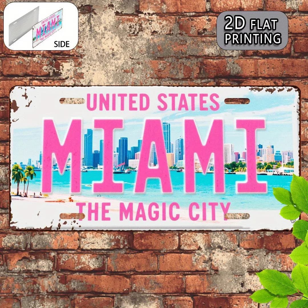 Targa Vintage in Alluminio Stile Miami 'The Magic City' USA, Insegna Retrò Florida Beach & Skyline, Souvenir da Viaggio per Parete