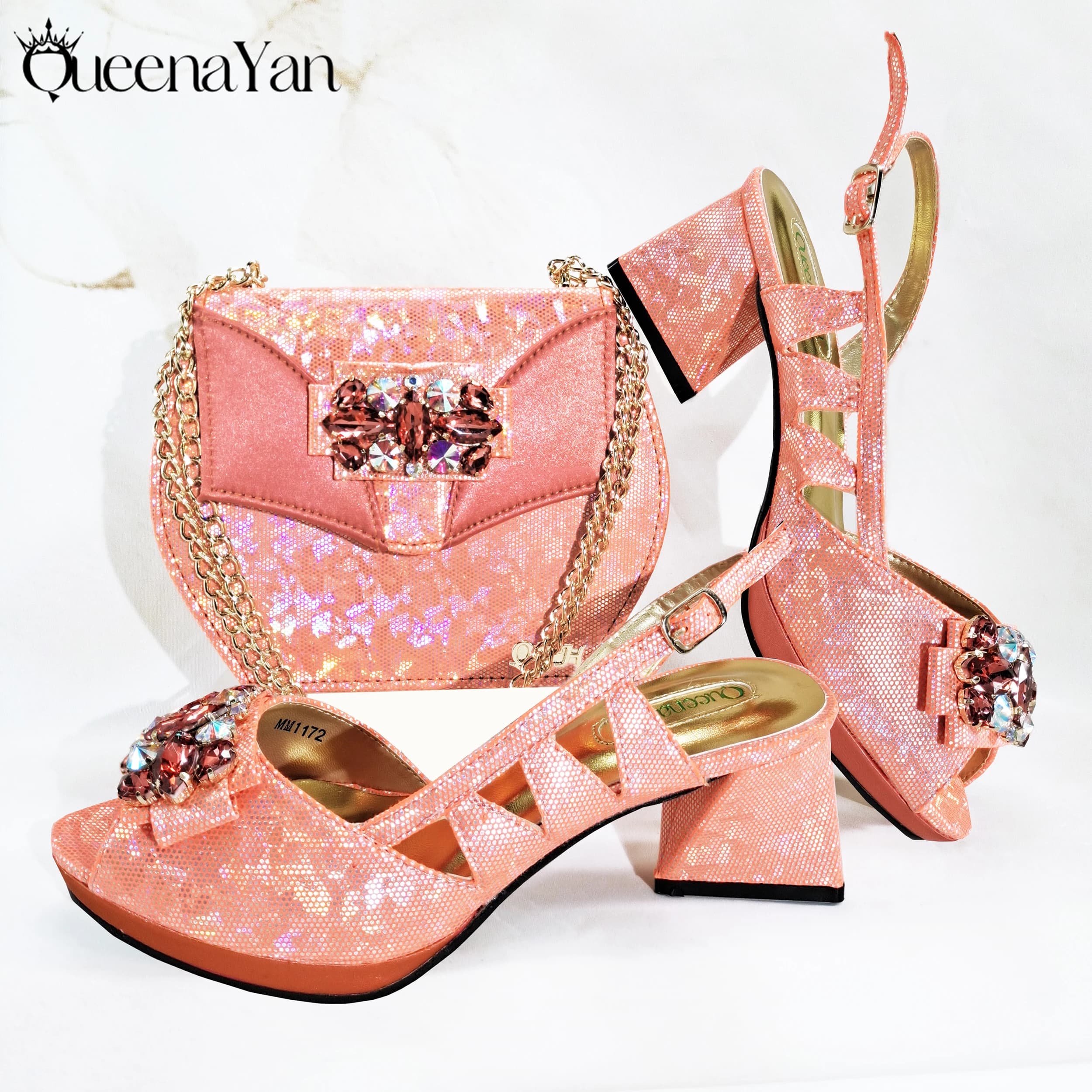 2025 Women's peep toe shoes of the new season Elegant coral color High heels embellished with diamonds Set of shoes and handbags Italian design