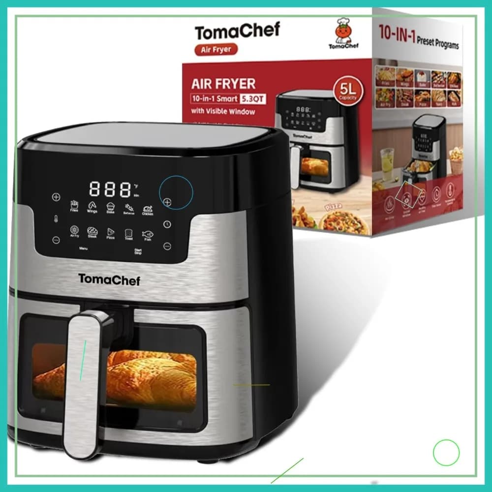 Friggitrice ad Aria 10-in-1 da 5,3QT Senza Olio con Finestra Visibile, Controllo Digitale per Famiglia, Patatine Fritte, Pesce, Cottura, Torte (Nero)