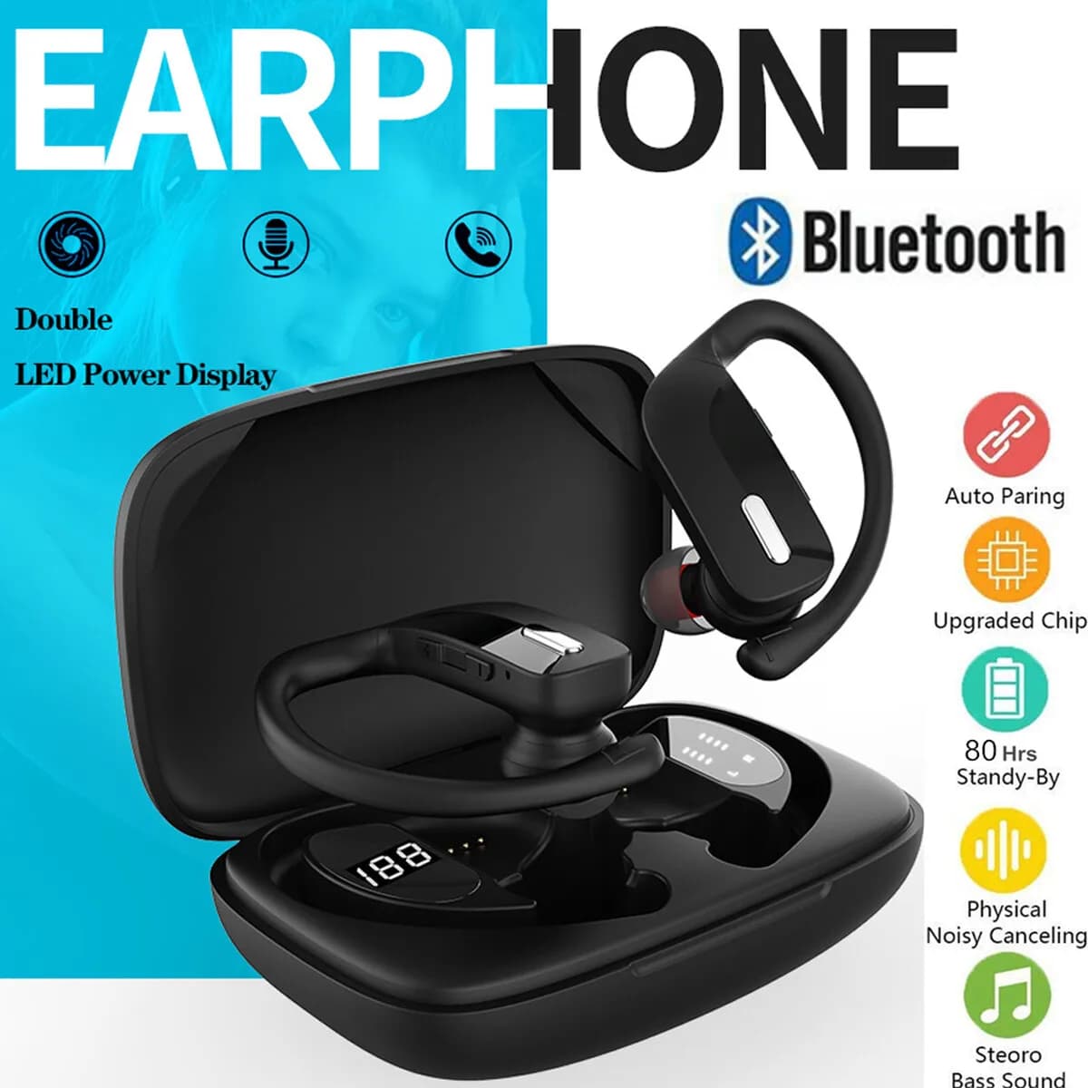 Auricolari Bluetooth 5.0 TWS con Gancio per Orecchio, Cuffie Wireless Stereo