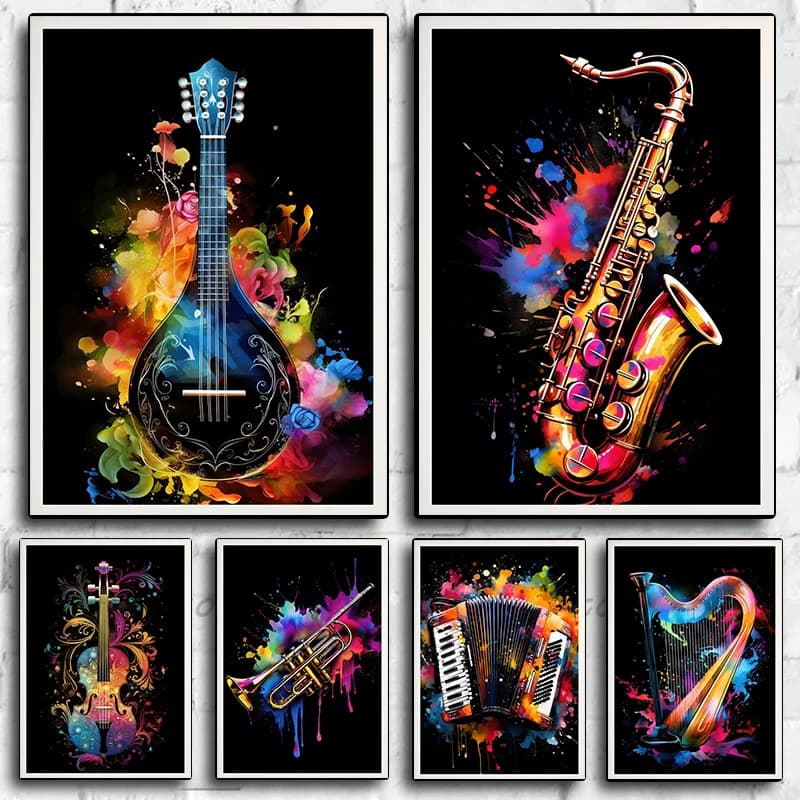 Poster di Strumenti Musicali: Violino, Arpa, Sassofono, Ukulele, Stampe Artistiche su Tela per Soggiorno, Camera da Letto, Decorazione Casa