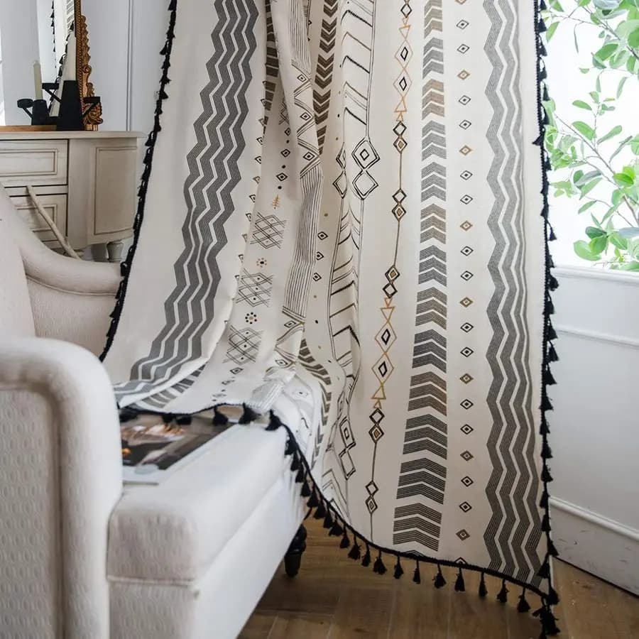 Boho Curtains with 2 Panels with Western Azteco Motive, Semioscuranti, with Tasche for Auction, Decorative, with Black Nappe for