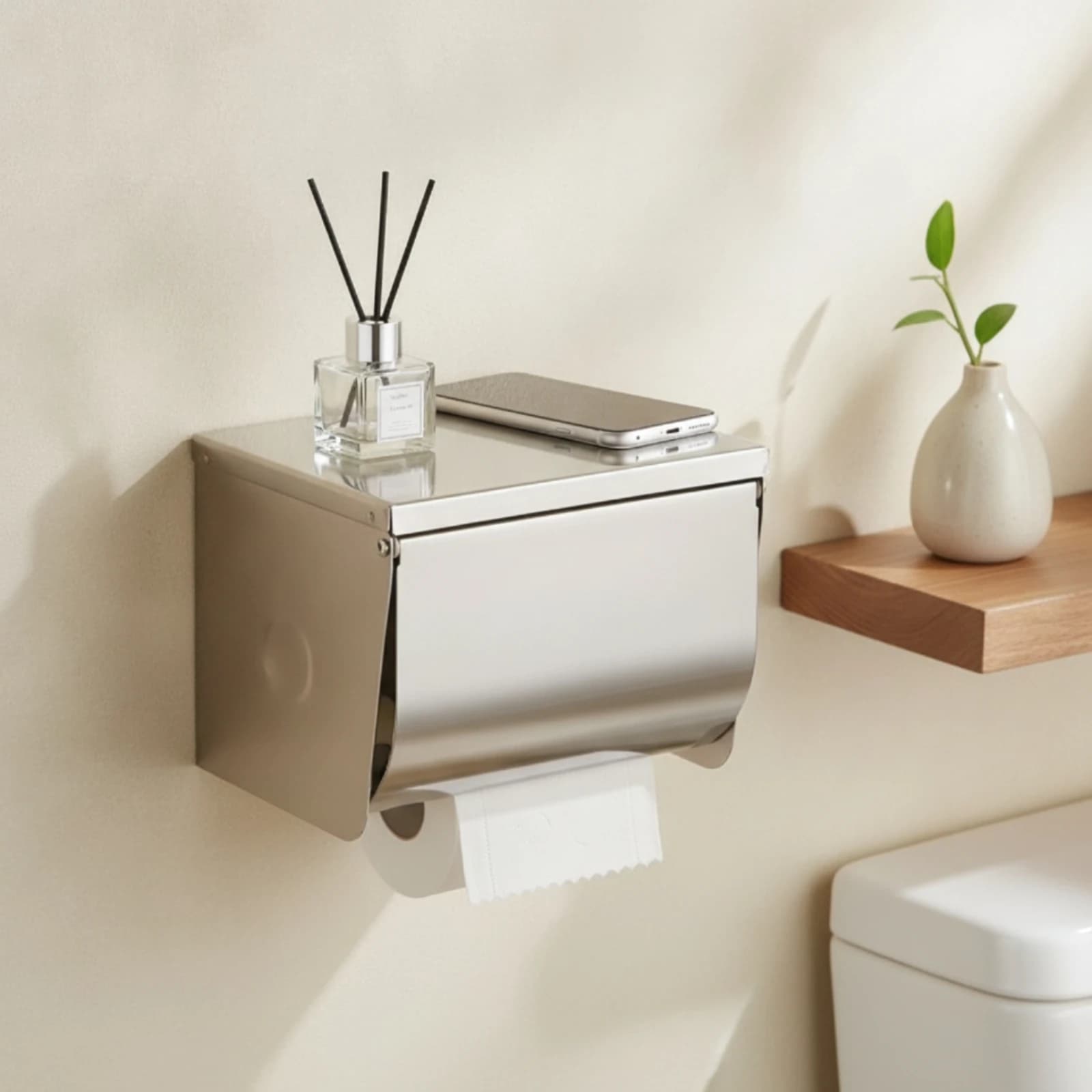 Bathroom Tissue Dispenser with Cover Rustproof Toilet Roll Holder with Shelf Hardware Waterproof Sturdy for Bathroom