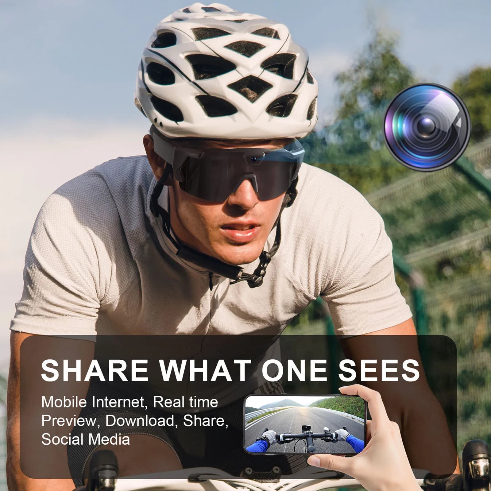 Cycling Glasses with Video Registration 64G ROM, Wearable Sports Glasses Suitable for Men and Women