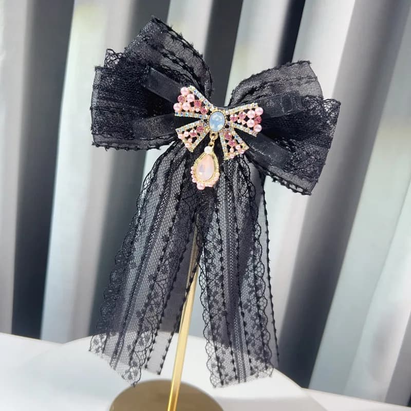Elegant Lace Ribbon Bow Brooch Women Long Streamer Collar Pin No-Fastening Shirt Neck Ornament Uniform Clothing Decor Accessory