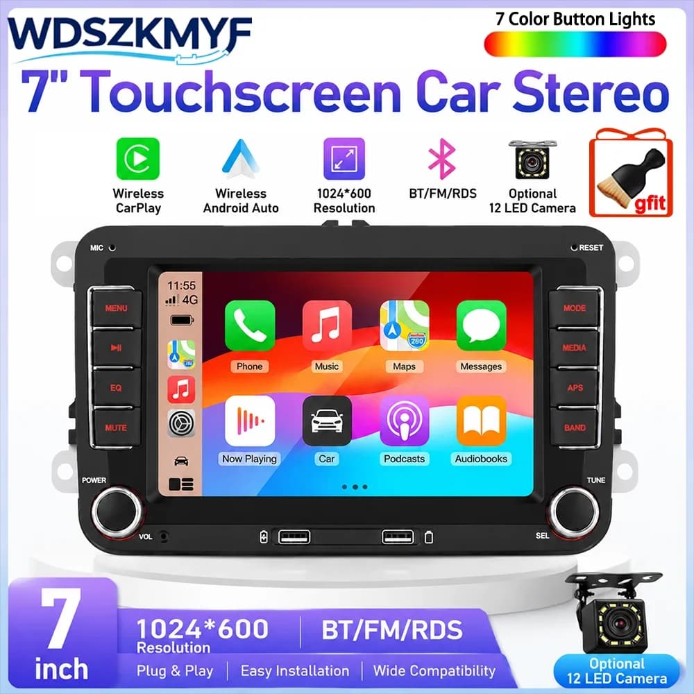 2Din 7 Inch Car Stereo Multimedia Radio Compatible with VW Passat Golf Caddy Polo Wireless CarPlay Android Auto Bluetooth FM RDS