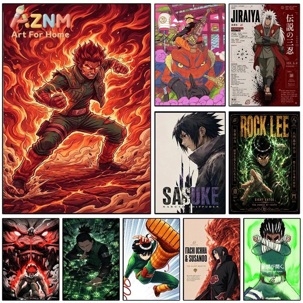 Naruto Anime Canvas Wall Art, Might Guy Jiraiya Sasuke Rock Lee Uchiha Itachi Manga Character Print, Unframed Canvas Painting
