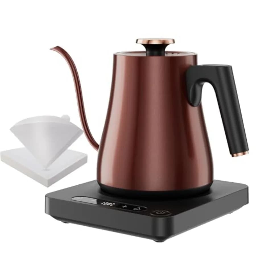 Gooseneck Electric Kettle 1.0L 1000W for Pour Over Tea Vintage Copper 304 Stainless Steel BPA-Free 104-212F Temp Control LED Di