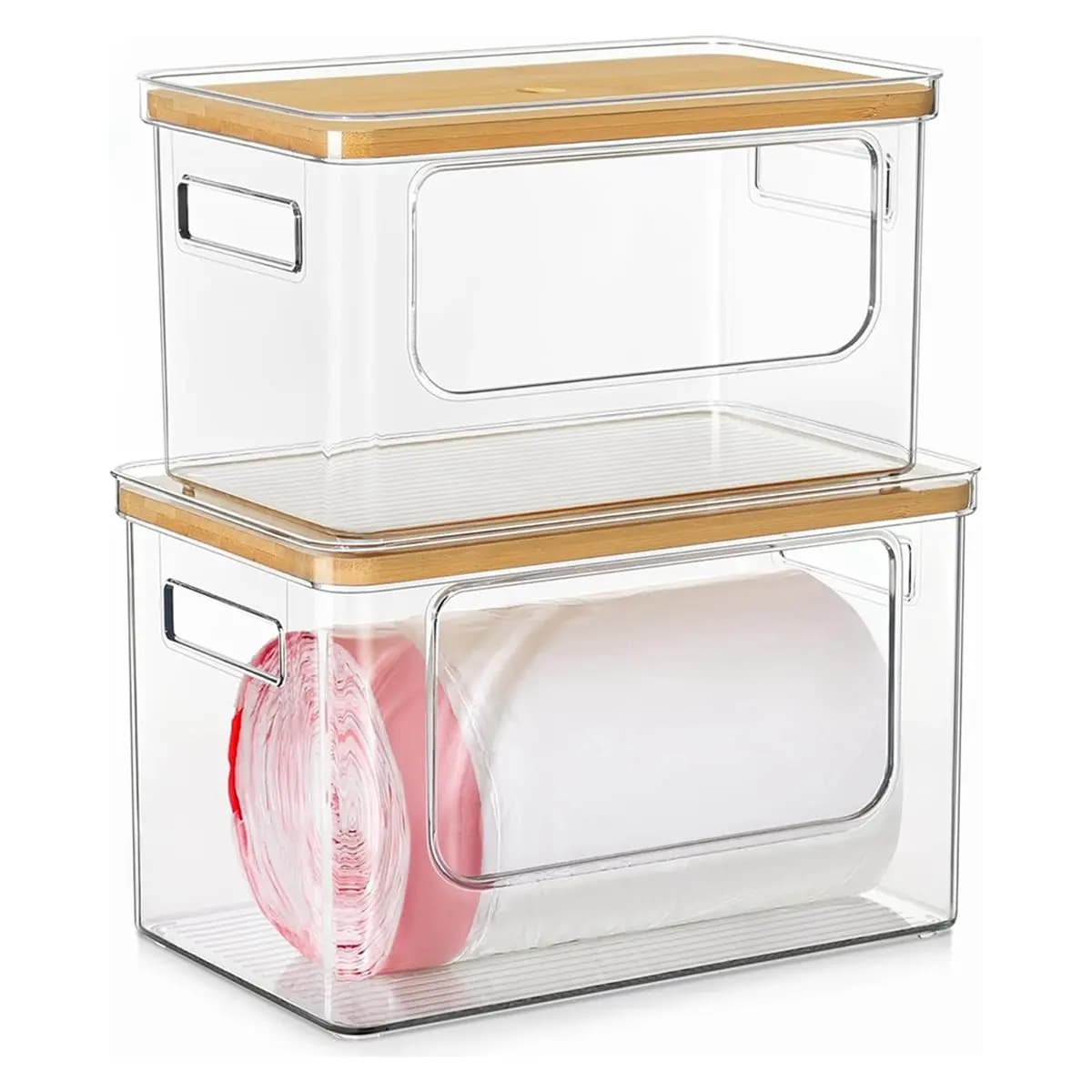 A67T NEW Trash Bag Dispenser,Acrylic Garbage Bag Holder with Bamboo Top,Stackable Organizer for Kitchen and Laundry Room 2 Pack