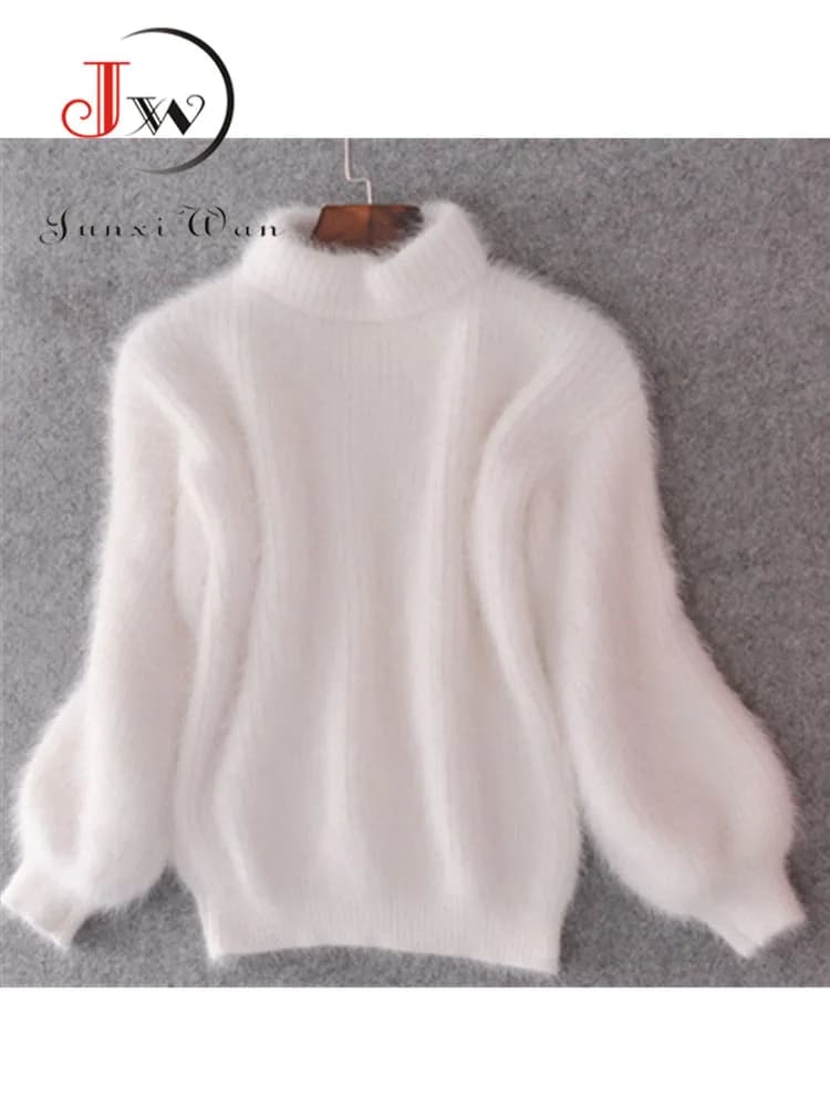 Maglione dolcevita addensato in mohair bianco Autunno Inverno Dolce moda Manica a lanterna Pullover casual in tinta unita pull femme