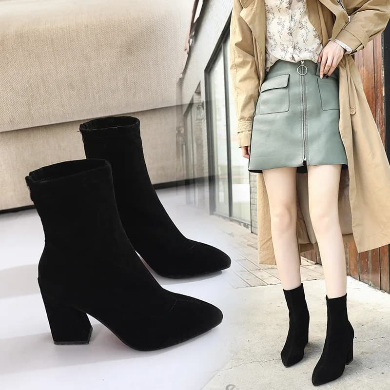 HKDQ Women's Ankle Boots Pointed Toe Mid Block Heel Suede-Look Finish Back Zipper Casual Fashion Trendy Daily Formal Footwear
