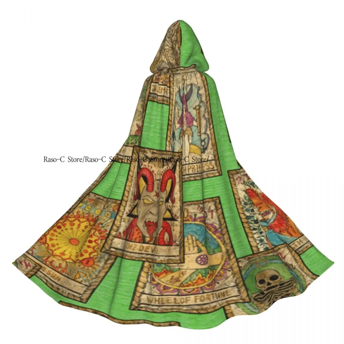 Vecchie tarocchi unisex per adulti su sfondo verde mantello con cappuccio lungo costume da strega cosplay