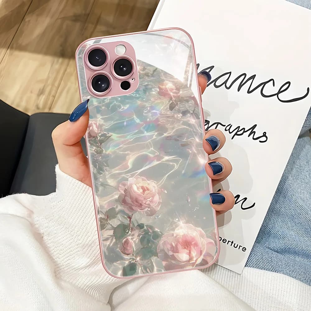 Pink Rose Tempered Glass Phone Case For Samsung S24 Ultra S25 S23 S22Plus A53 A56 5G A55 A54 A33 A34 A35 A36 A25 A13 A17 A16 A26