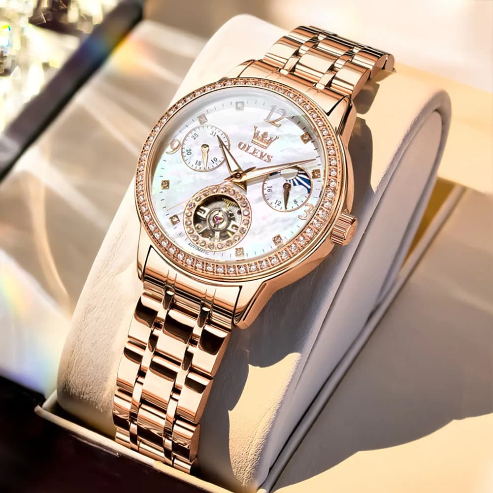 OLEVS Ladies' Watches Top Brand Luxury Fashion Fine Steel Watch Automatic Mechanical Wrist Watch Original Bracelet Gift Pack