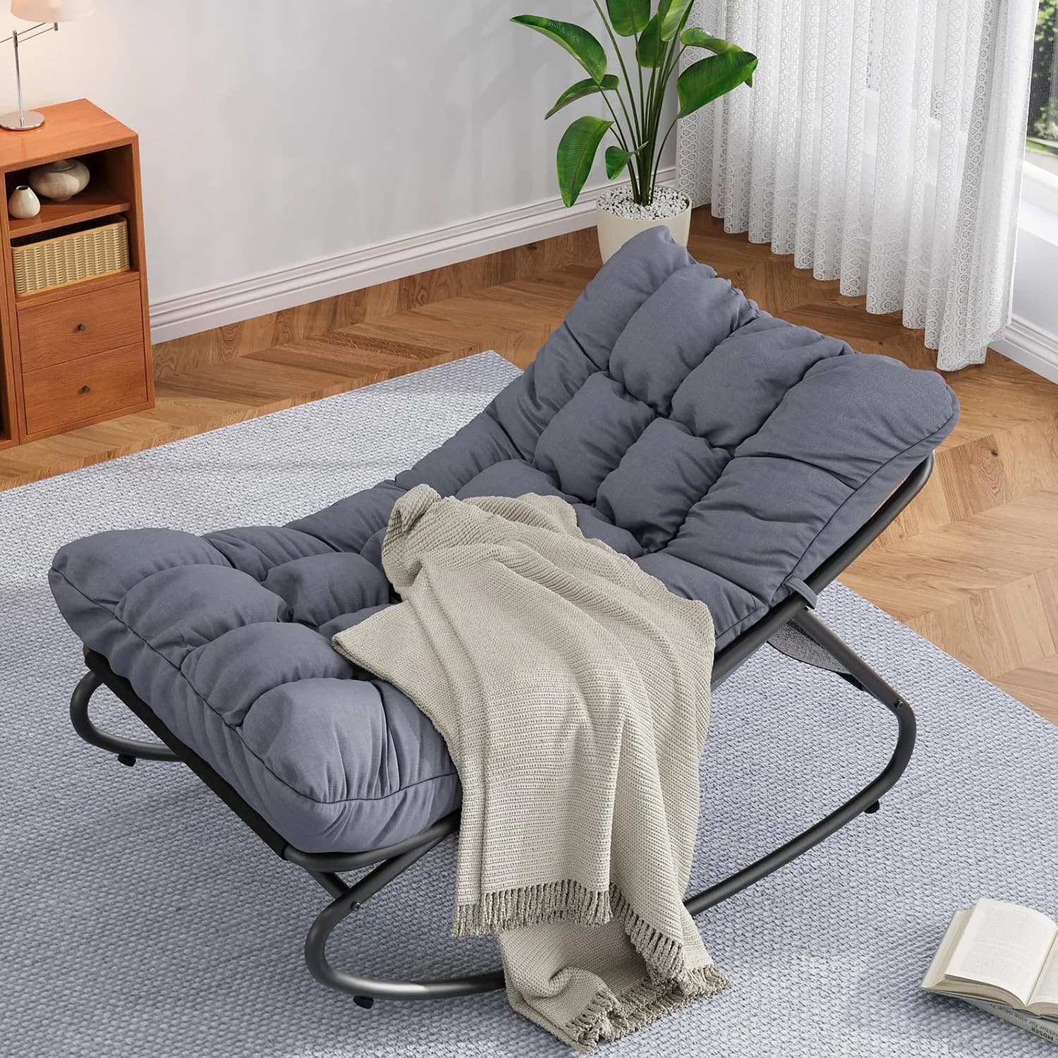 Rocking Papasan Chair For Adults With Washable Cushion, Outdoor Lounge Rocker, Metal Frame For Patio Nursery Living Room Balcony