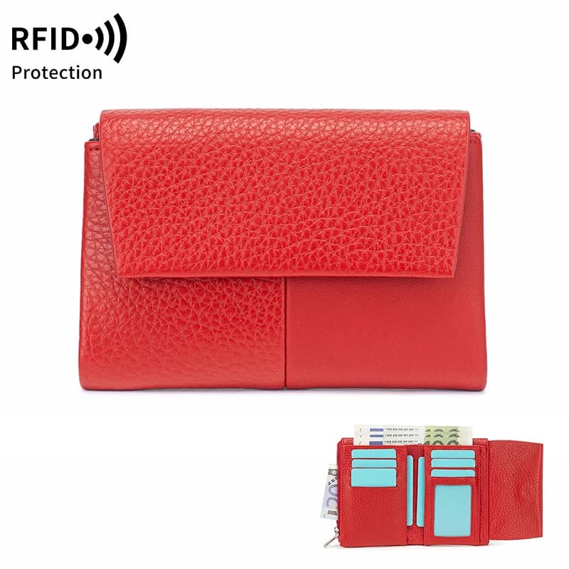 Portafogli da donna con protezione RFID, in pelle PU con motivo litchi, portamonete a tre ante con tasca portamonete con cerniera
