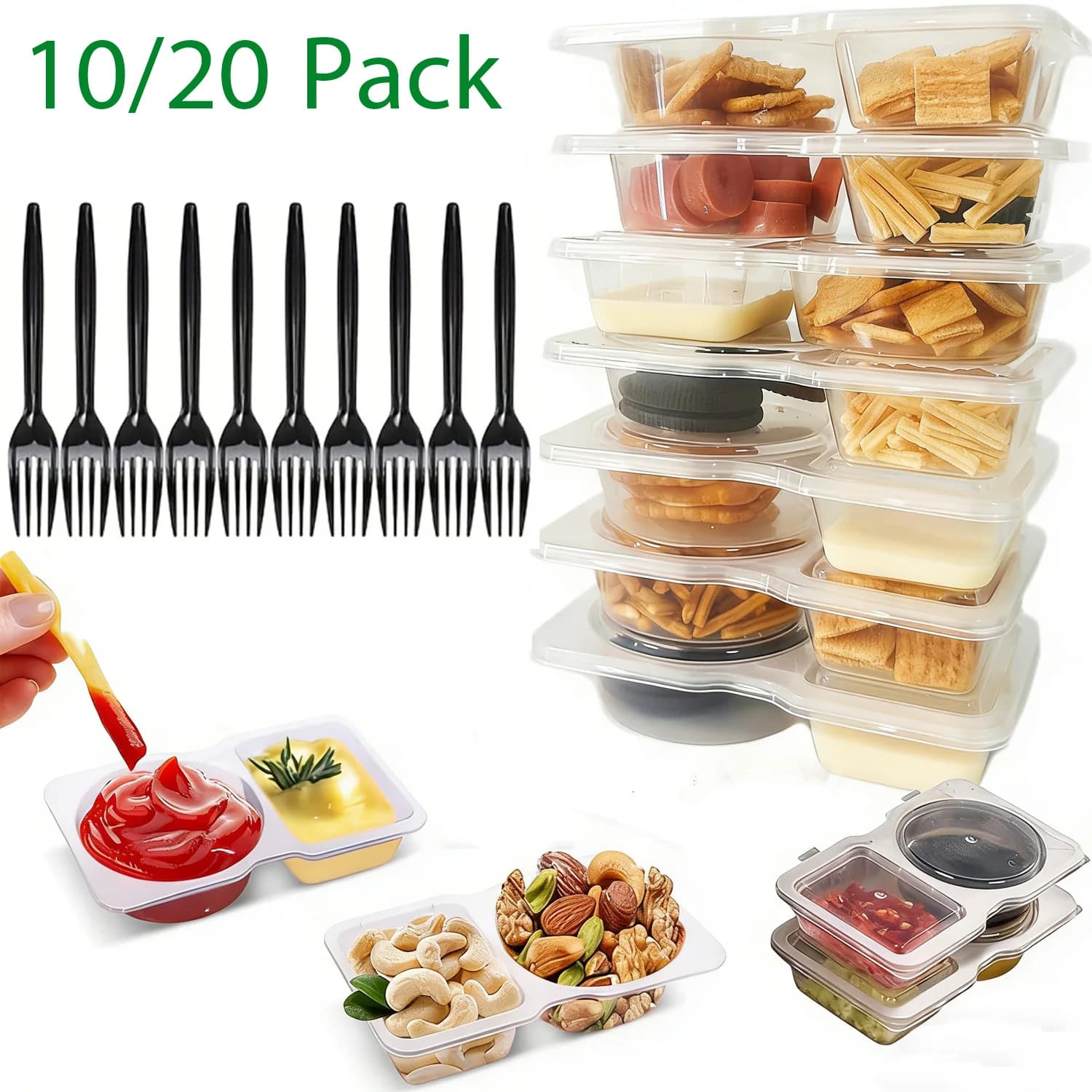 10/20 Set di Contenitori Riutilizzabili per Snack con Coperchi e Forchette, Contenitori per Snack a Doppio Scomparto, Controllo Porzioni, Preparazione Pasti