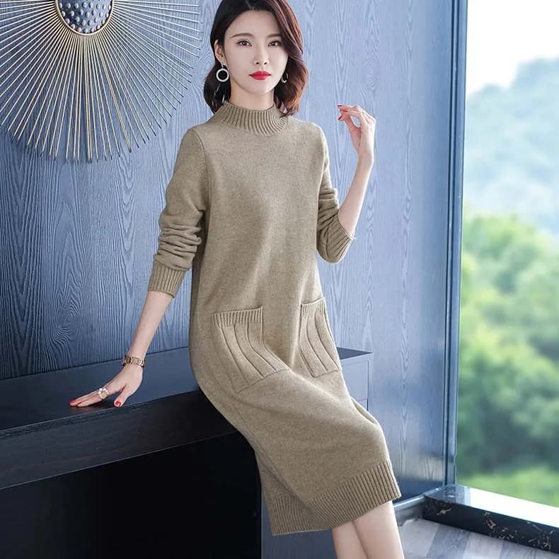 Thickened Long Sleeve Knitted Dress Women's Knee-Length Loose Fit Casual Style Polyester Fiber T-Shirt Dress Half High Collar