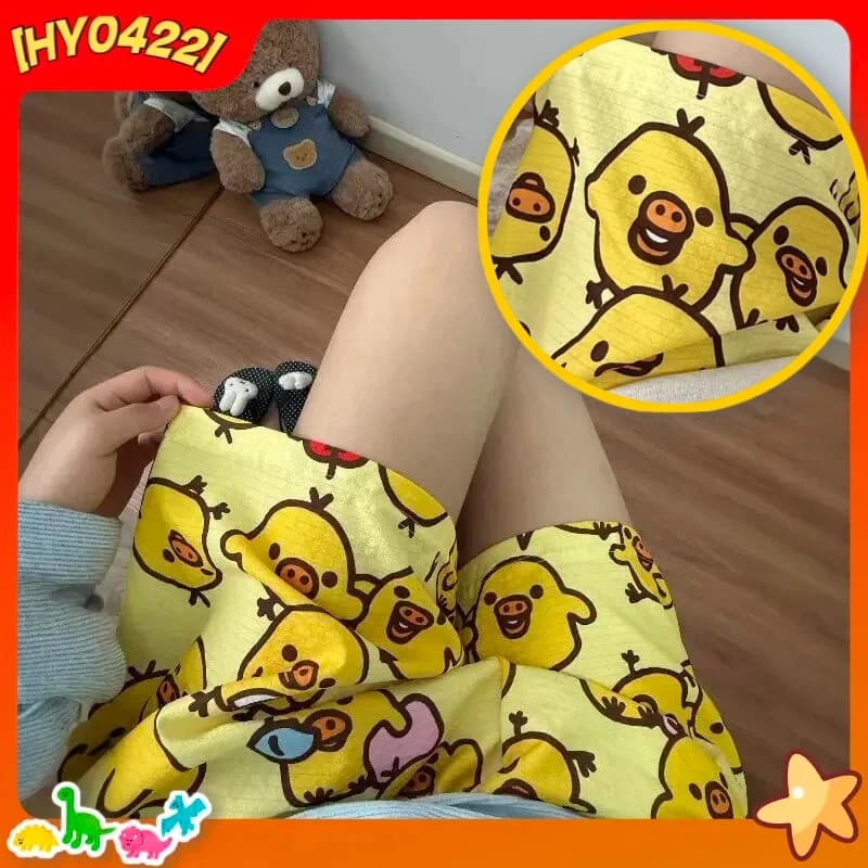 Pantaloncini a gamba larga a vita alta con stampa di simpatici polli dei cartoni animati Kiiroitori, pantaloni casual estivi da donna, pantaloni dritti e larghi per il tempo libero, abbigliamento da esterno