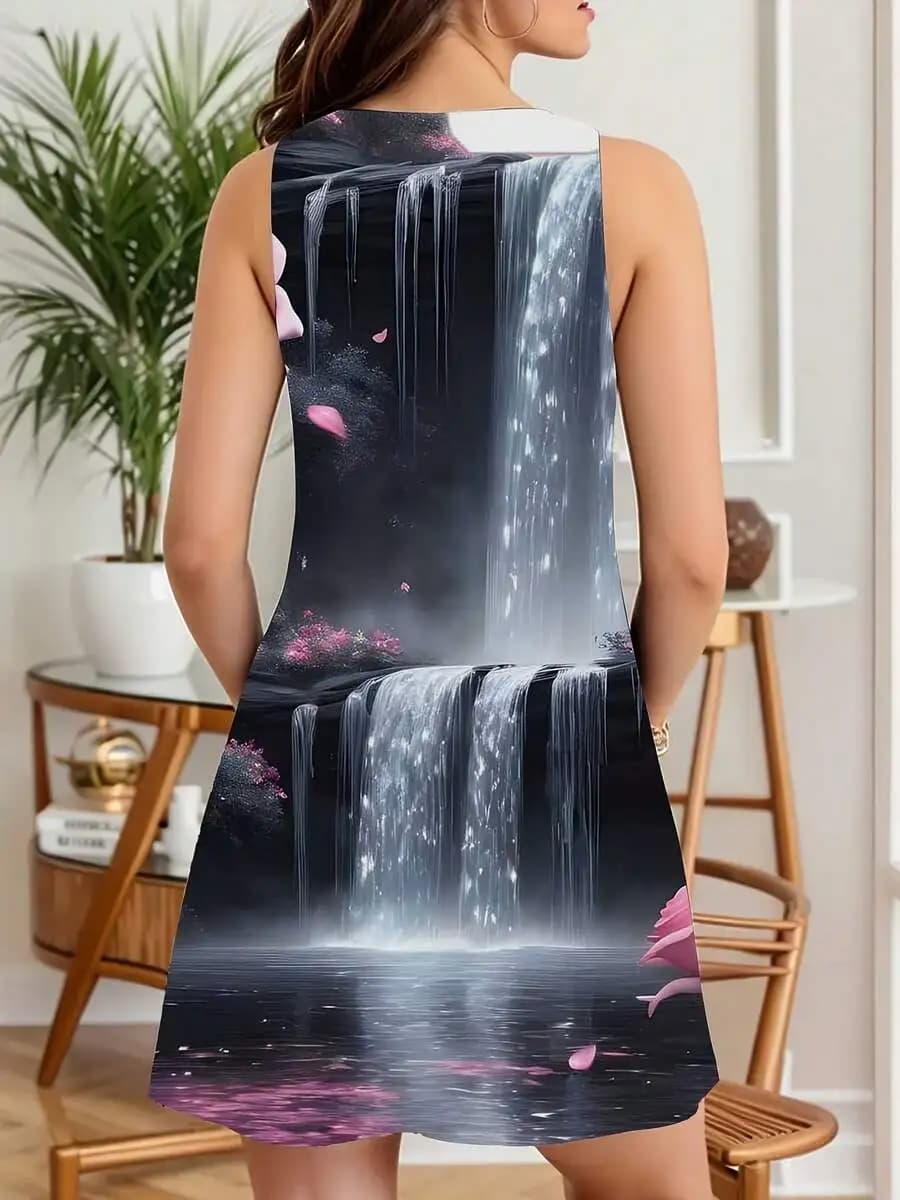 Women Sleeveless Dress Waterfall And Pink Flowers Print Summer Beach Party