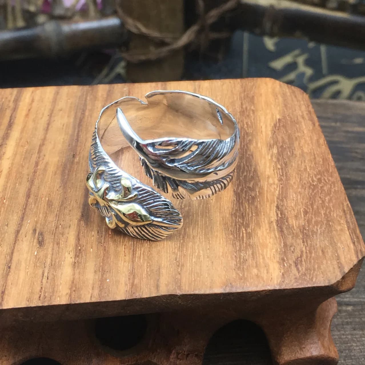S925 sterling silver fashion trendy silver jewelry vintage Thai Silver Men's Feather leaf boat anchor open ring