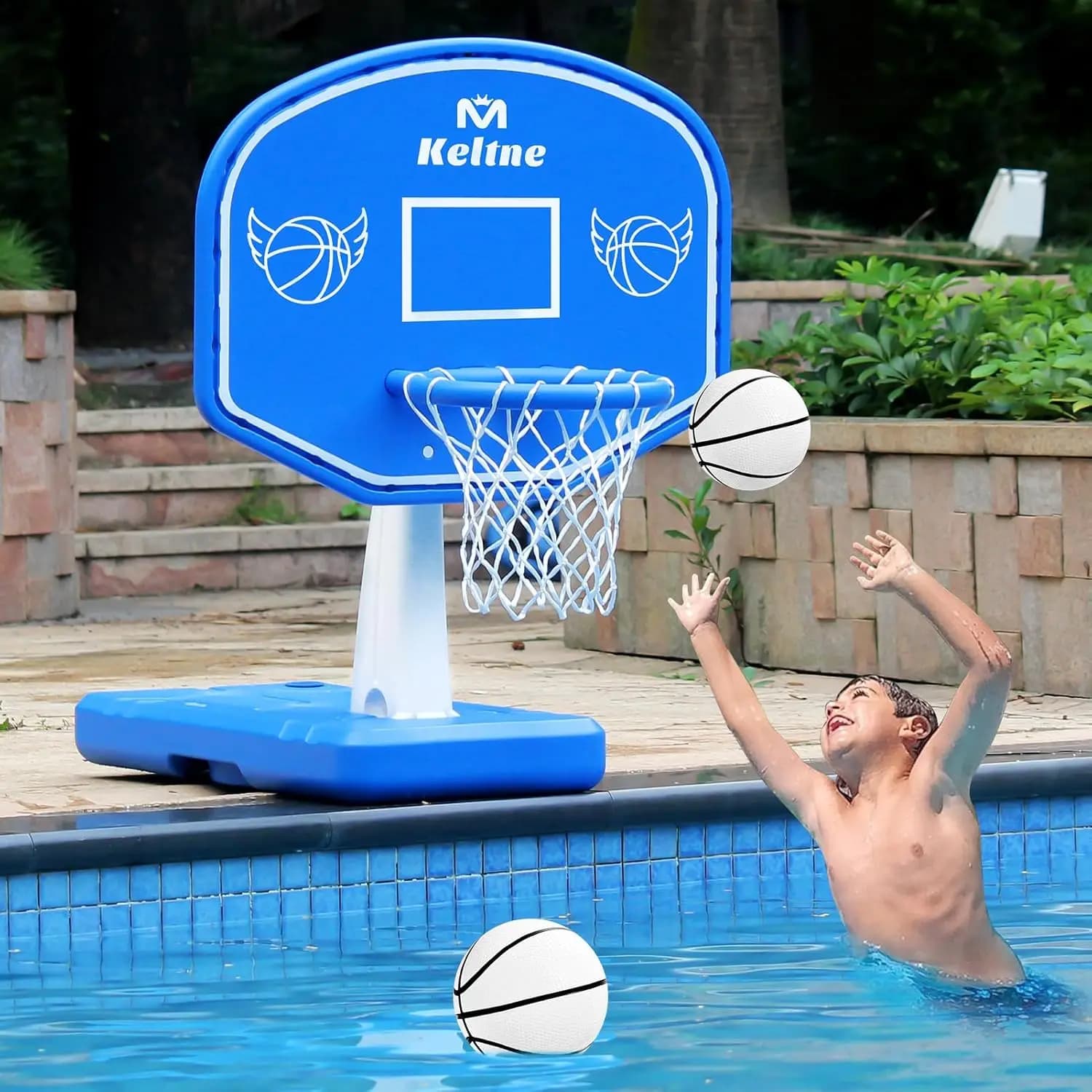 Large basketball tank by poolside with sturdy base, 2 balloons and pump for summer fun in children's water