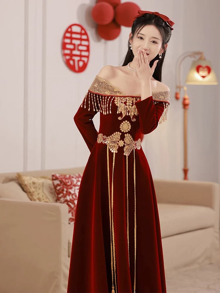 Red Long Sleeve Wedding Dress Xisimery Show He Wedding Ceremony Dress Women's Autumn Winter New Chinese Style Engagement Dress