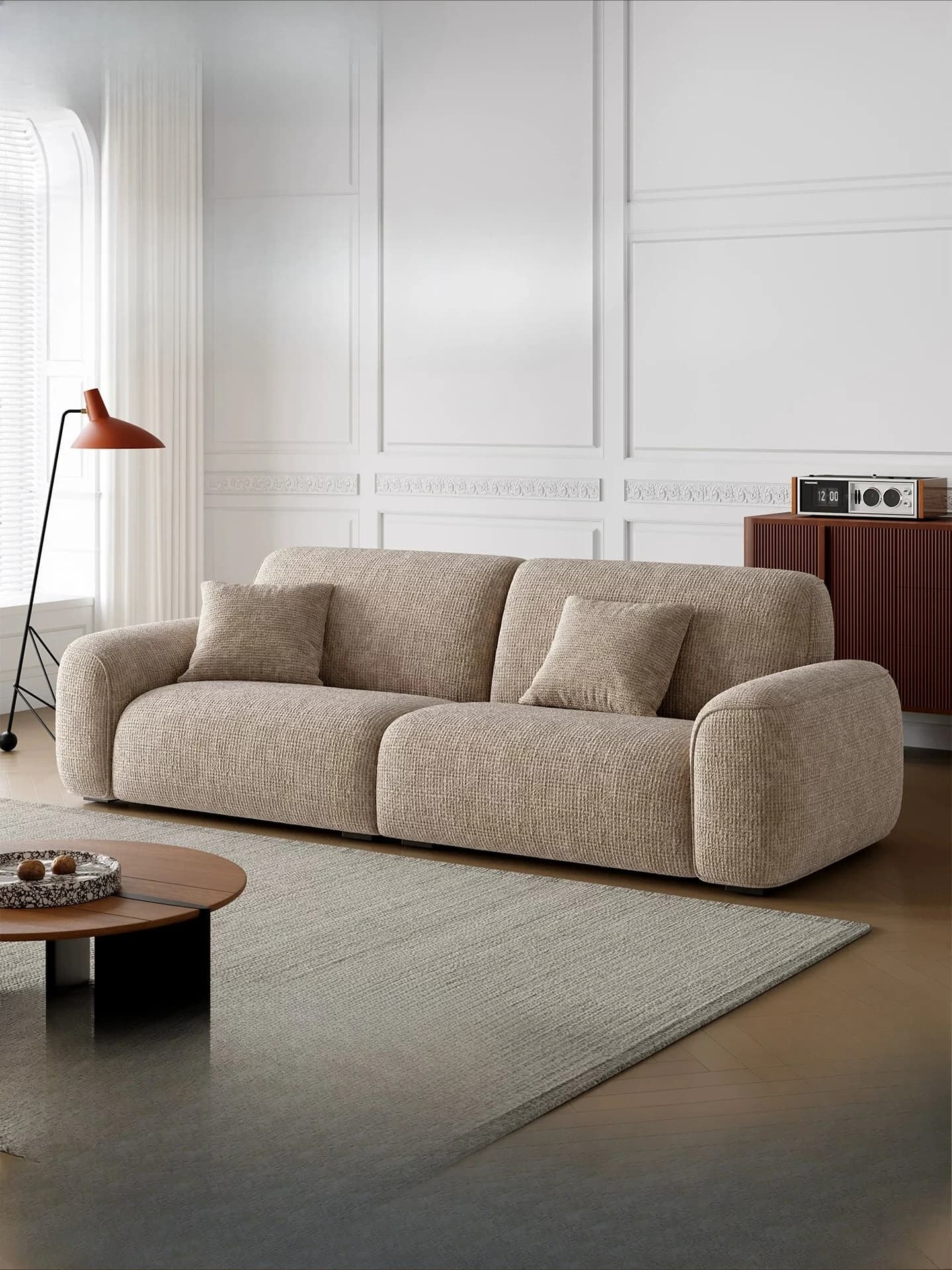 Divano PYH Big White con schienale alto, in tessuto chenille delicato sulla pelle, per soggiorno, sfoderabile e lavabile, modello Tofu Block.