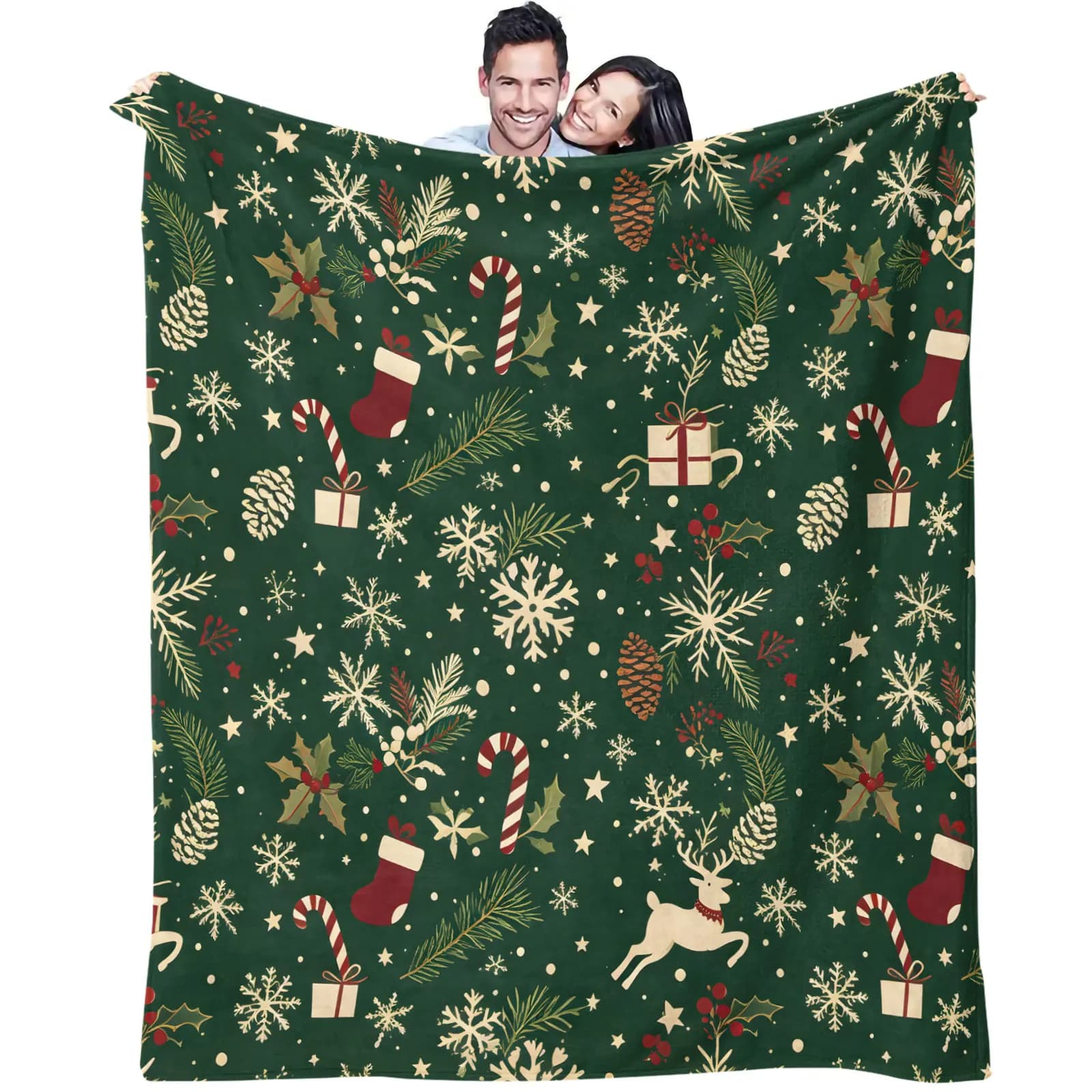 Dark Green Christmas Flannel Throw Blanket Snowflake Reindeer Pine Cone Stocking Candy Cane Print Plush Blanket Sofa Bed Xmas