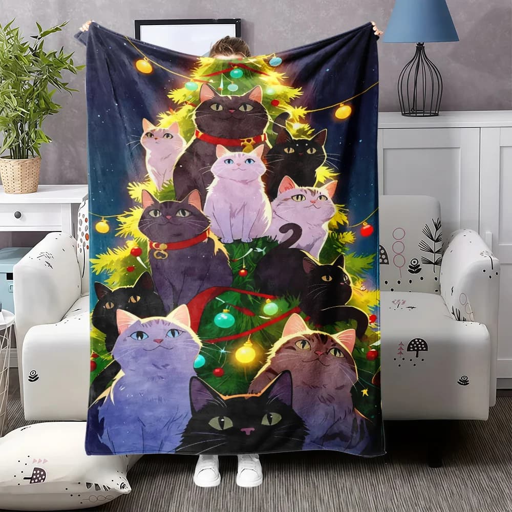 1 coperta festiva in flanella con albero di Natale per gatti: accogliente tiro per tutte le stagioni con adorabili gatti in abiti natalizi, perfetta per la casa