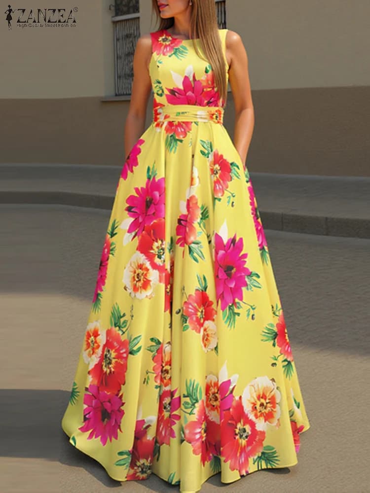 ZANZEA Abito bohemien da donna Moda Canotta stampata floreale Vestito estivo 2025 Abito estivo senza maniche a vita Abiti maxi da festa casual