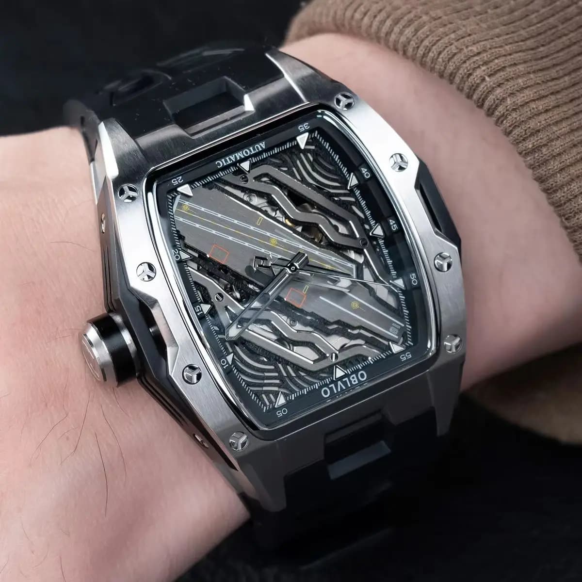 OBLVLO Orologio Automatico da Uomo, Moda 46mm Tonneau, Orologio da Polso Meccanico con Quadrante Luminoso a Tema Portaerei, Vetro Zaffiro, Miyota 82S0