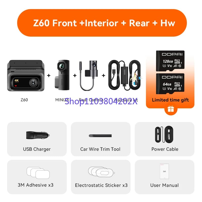 DDPAI Dash Cam Z60 3CH Supporto Dash Cam posteriore e interna con GPS 5GHz WiFi ADAS NightVISion Dash Camera 24H Monitor di parcheggio