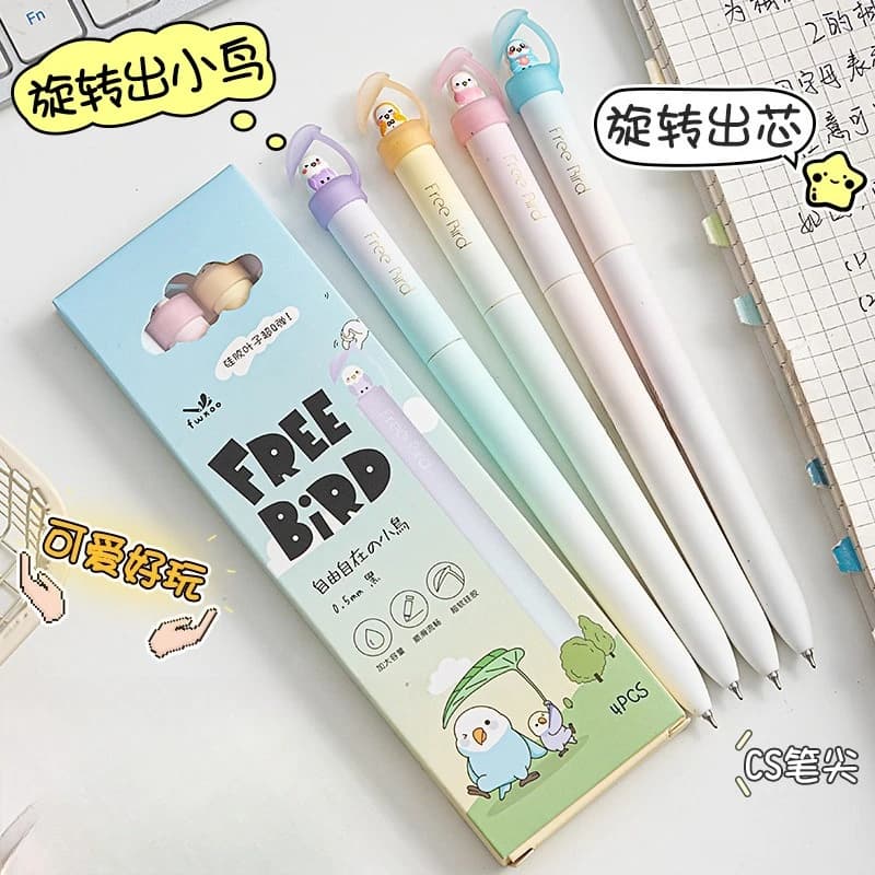 Penna a sfera dal design creativo per uccelli da 4 pezzi con inchiostro estetico ad asciugatura rapida a colori sfumati per appunti da esame, set regalo per studenti