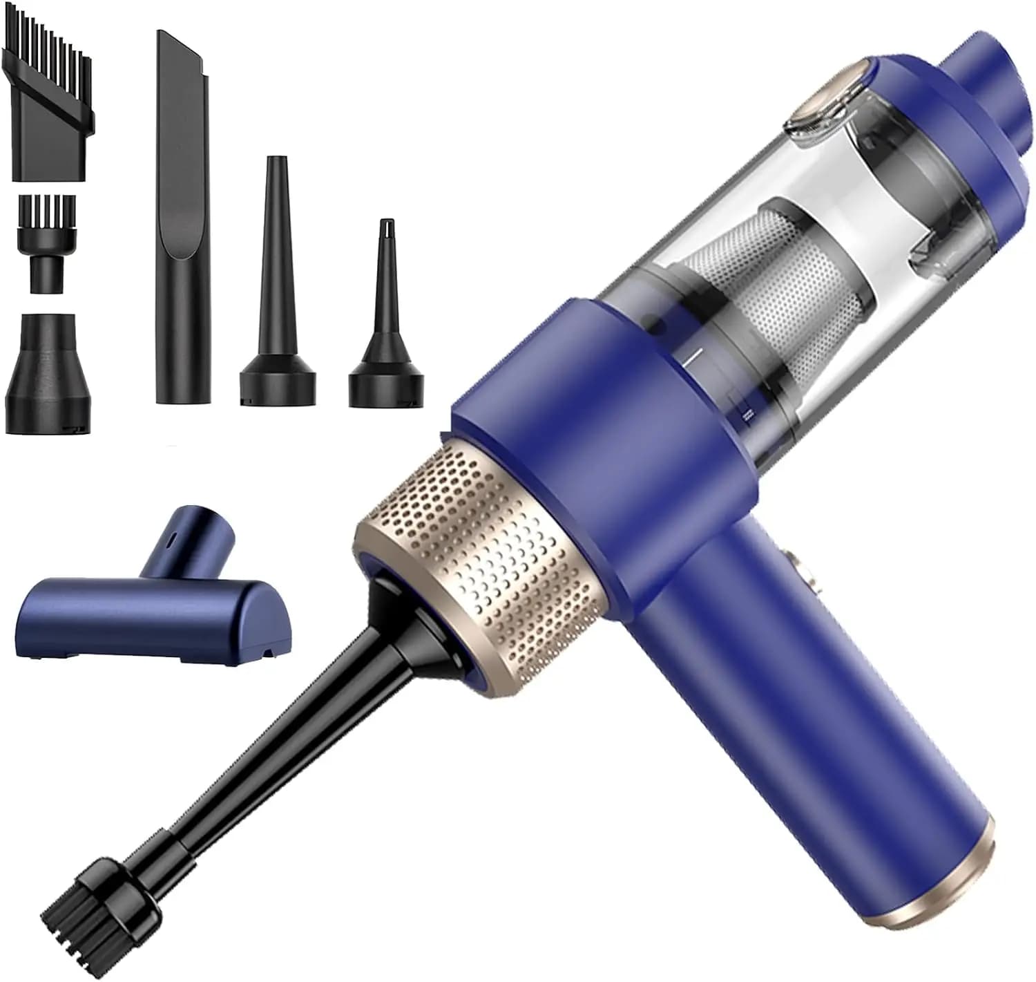 Aspirapolvere portatile senza fili per auto: leggero con elevata aspirazione, filtro lavabile, luce a LED per auto, tastiera, animali domestici (blu e oro)