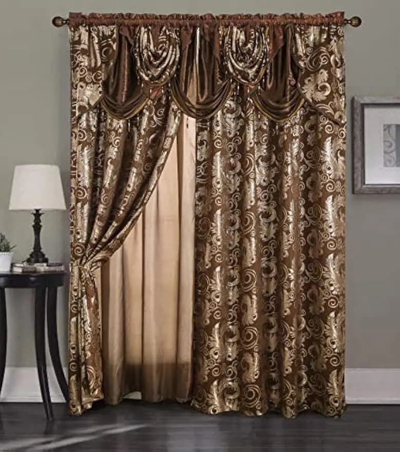 Set di tende per finestre jacquard di lusso con mantovana, marrone 2 pannelli 55x84 pollici per camera da letto, soggiorno, sala da pranzo