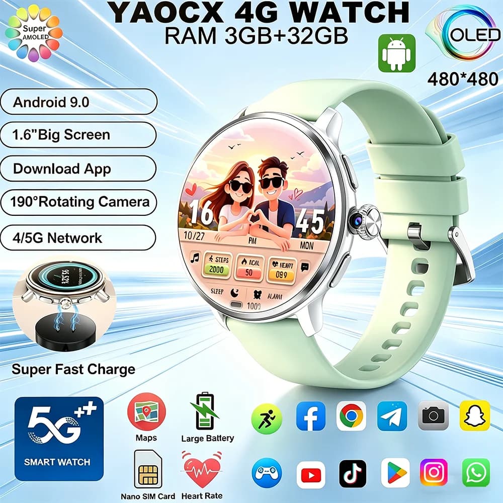 Smartwatch 4G/5G with AMOLED Screen from 1,65 Inch 480*480, 850mAh Battery, 200W Camera, WIFI, GPS, Google App, Bluetooth Assistant