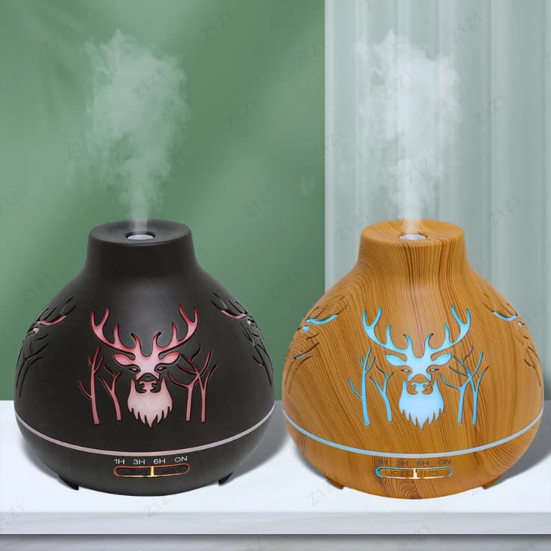 Silent Hollow Deer Ultrasonic Humidifier for Home Office Desktop with Colorful Lights and Wood Grain Aromatherapy Diffuser