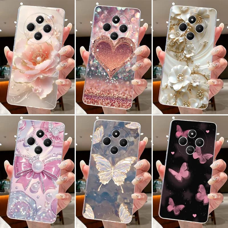Custodia per Xiaomi Redmi 14C 14R, Cover con Fiori e Farfalle, per Redmi A3 Pro 4G A4 5G, Funda in Silicone Morbido Trasparente TPU