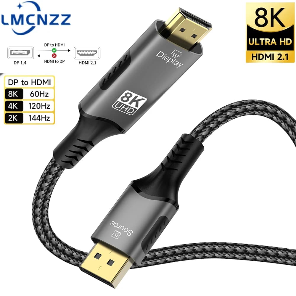 Cavo da DP a HDMI 8K 8K@60Hz 4K@144Hz HDR in nylon intrecciato unidirezionale per PC Laptop Monitor TV Progetto