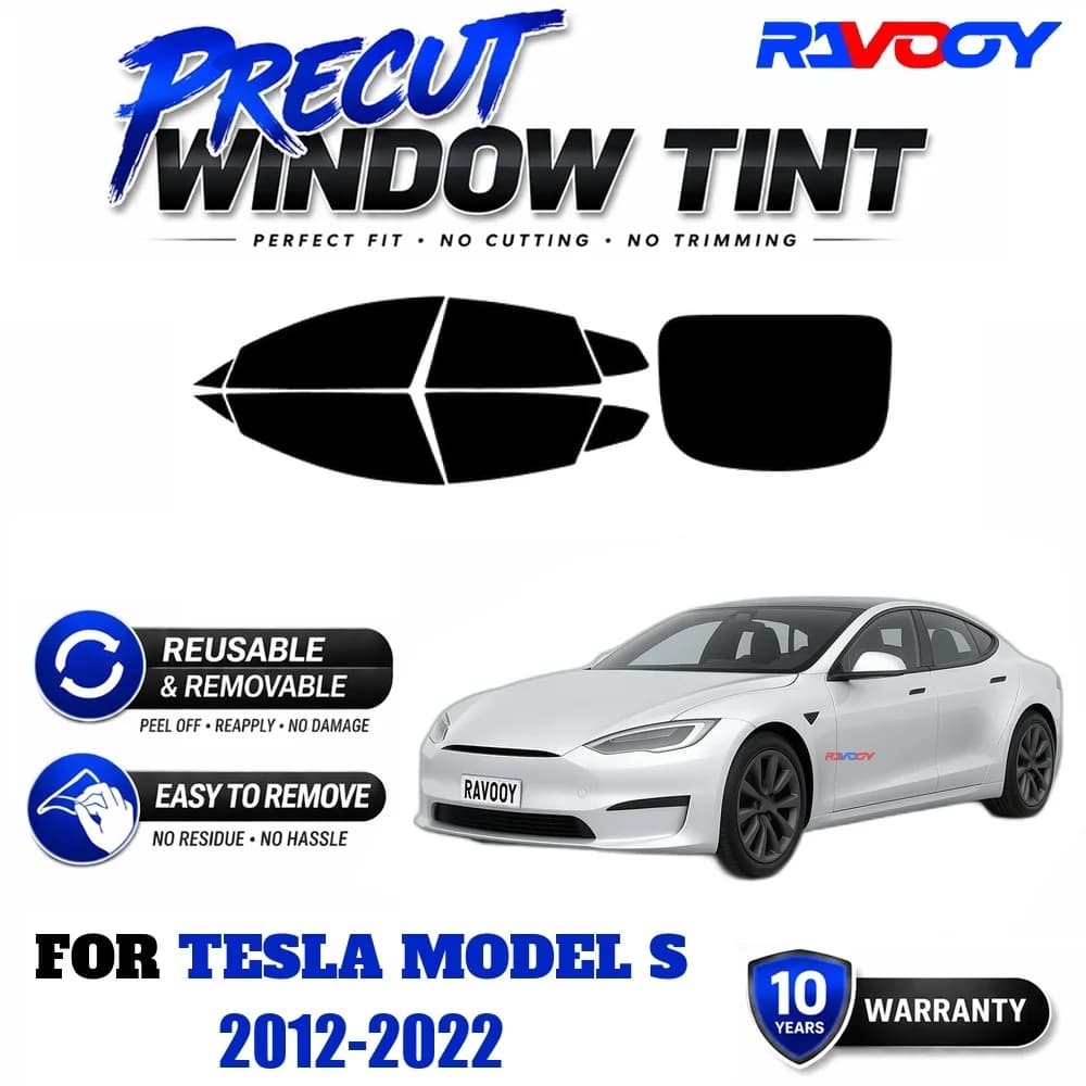 RAVOOY Precut Window Tint, Reusable Removable EPU Film, Custom Fit for Tesla Model S 2012-2022, UV Heat Protection