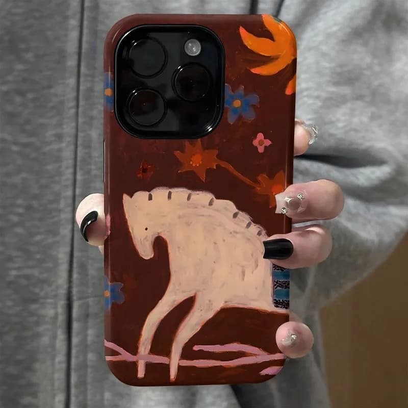 Cover per iPhone 17 16 15 14 11 12 13 Pro Max Plus con Cavallo Bohemien Artistico Dipinto a Mano, Stile Boho, Colore Crema