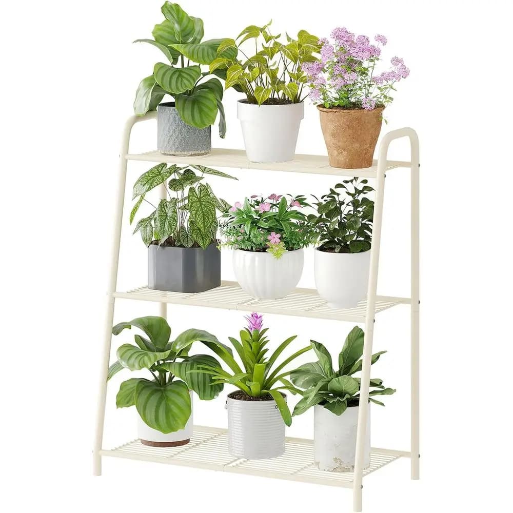 Robust 3 Level Plant Support in Metal with Black Vase, Suitable for Internal and External Use, Cream Finish