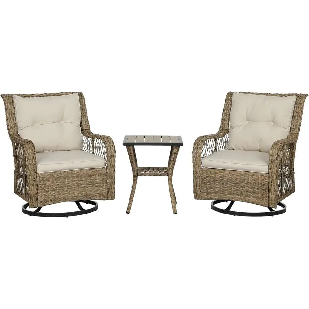 Set da bistrot da esterno girevole a 3 pezzi con tavolo portaoggetti e cuscini, beige