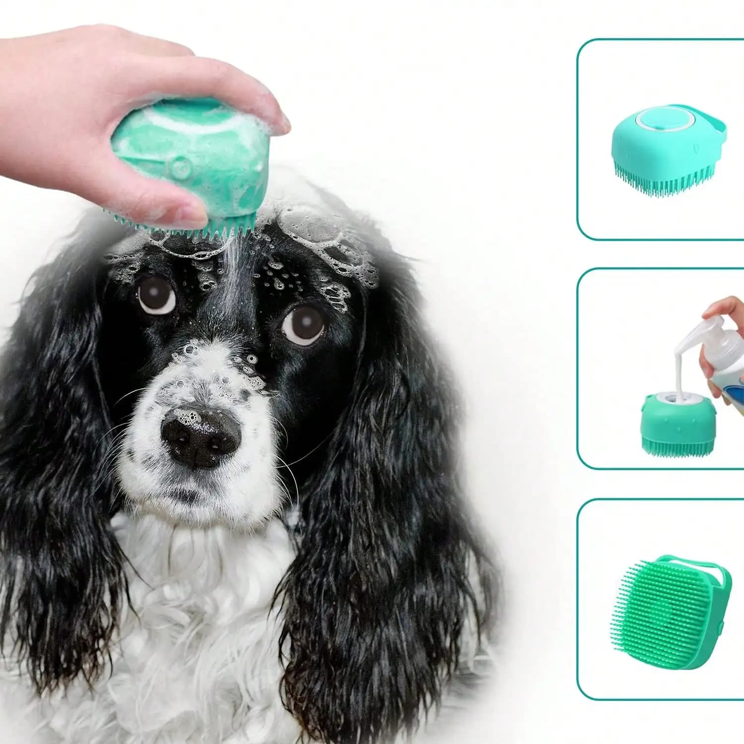2 spazzole in silicone per shampoo per animali domestici con contenitore per shampoo - Strumento delicato per massaggio e toelettatura per cani e gatti (blu e rosa)
