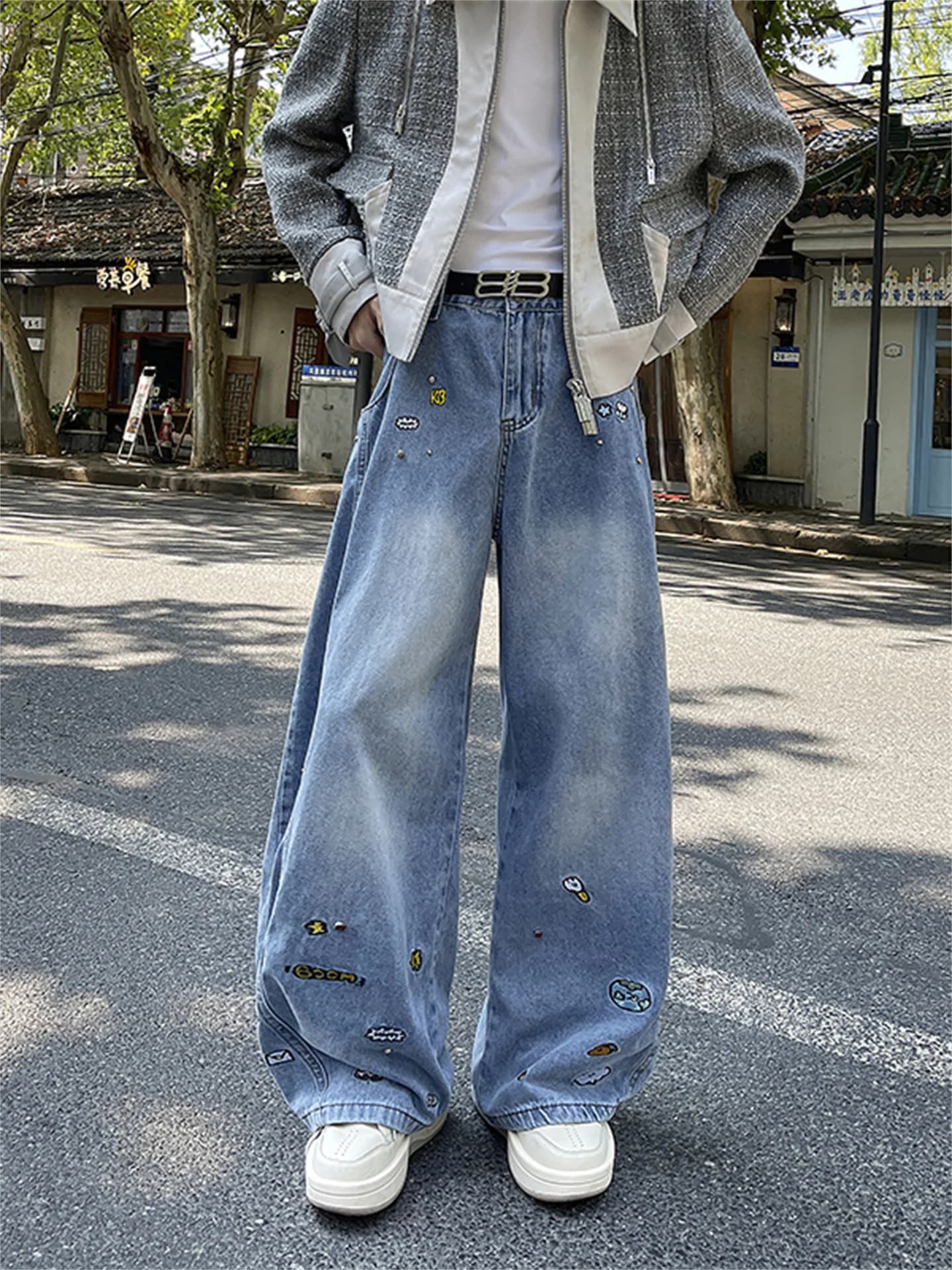 Light Blue Cartoon Embroidered Wide Leg Men's Jeans American Retro Trendy Street Waed 3D Knife Casual Straight Cut Jeans