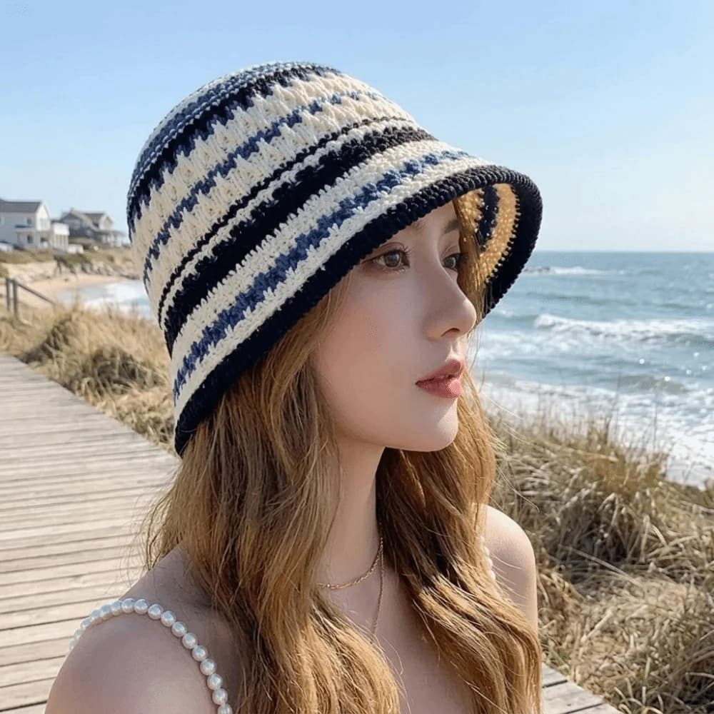 Foldable Colorful Knitted Bucket Hat Temperament Hollow Fisherman Hat Korean Style Breathable Sun Protection Cap Daily
