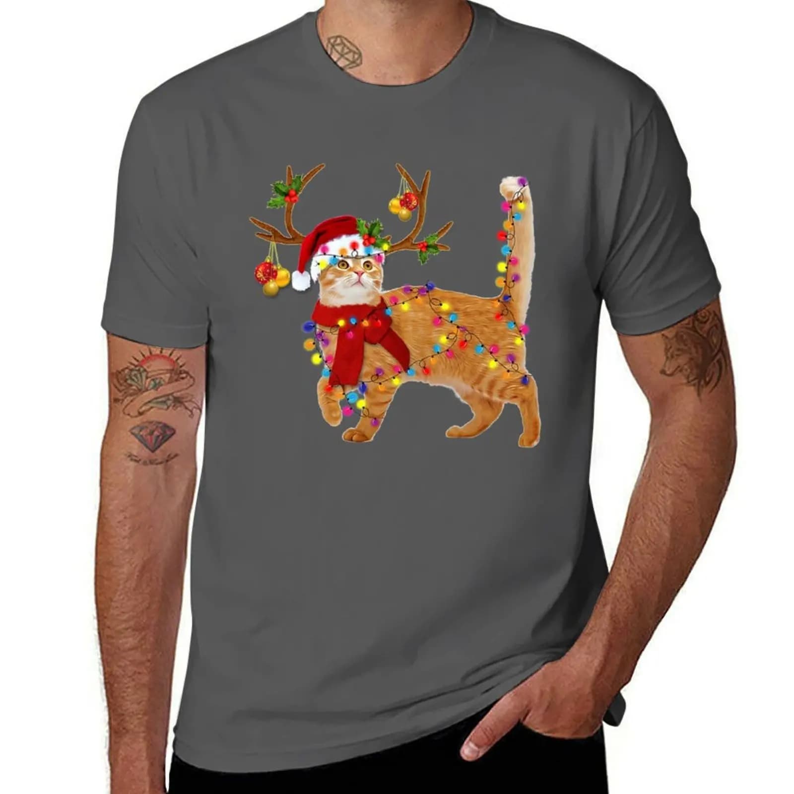 Cat Gorgeous Reindeer Christmas Lights Tree Cat Scarf Xmas Santa Claus T-Shirt t shirt personalised funny t shirts man T-Shirt