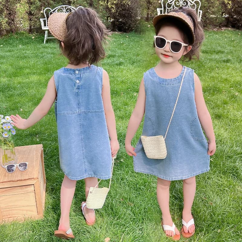 2 3 4 5 6 7 8 9 years old child without sleeves jeans vest dress for girl casual sleeveless vintage blue jeans dresses with pocket