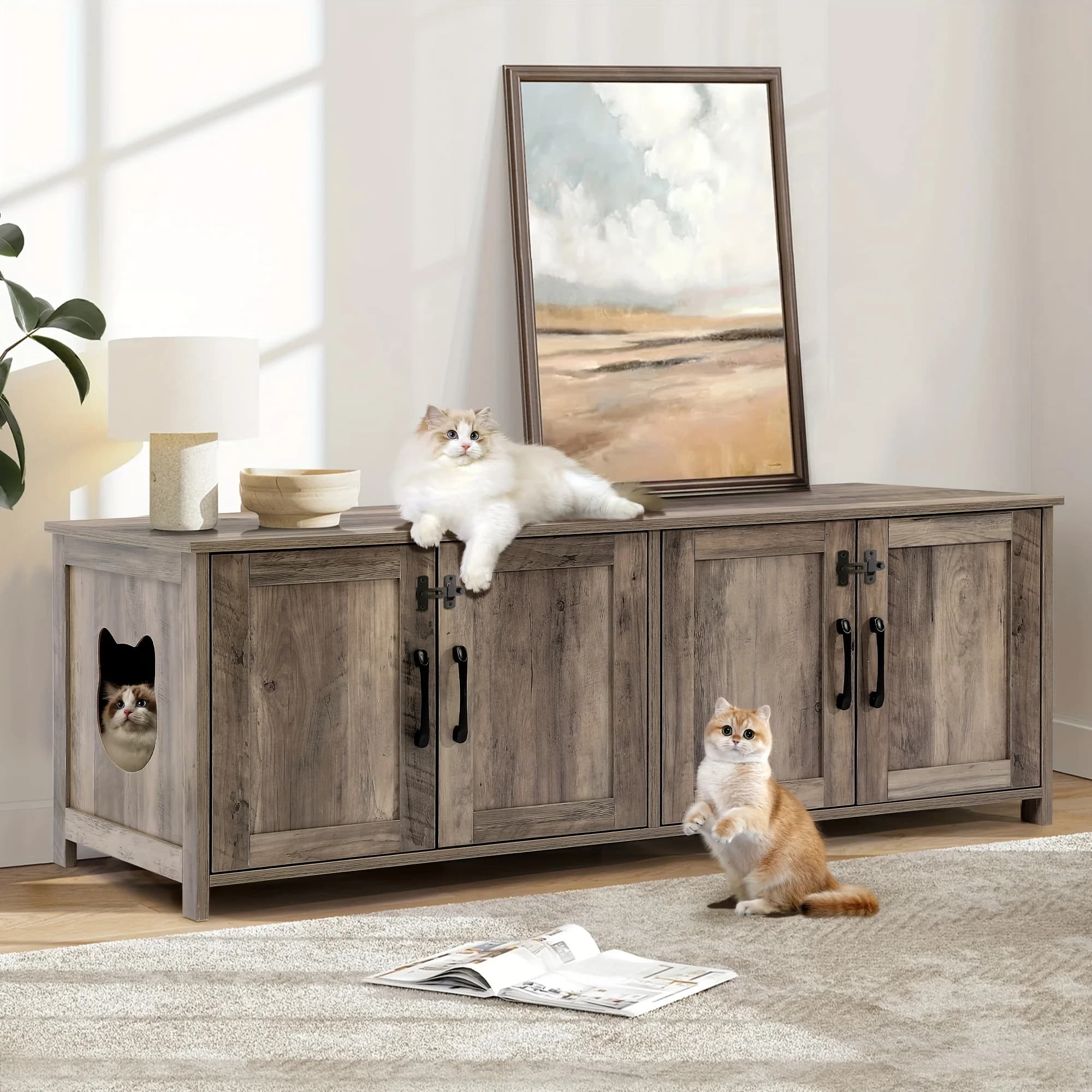 Mobiletto per lettiera per 2 gatti, mobiletto in legno con doppio WC nascosto e due stanze separate, con 2 fori a forma di testa di gatto, 47,2"L x 19,7"W x 19,7"H, grande casetta per gatti per soggiorno e camera da letto